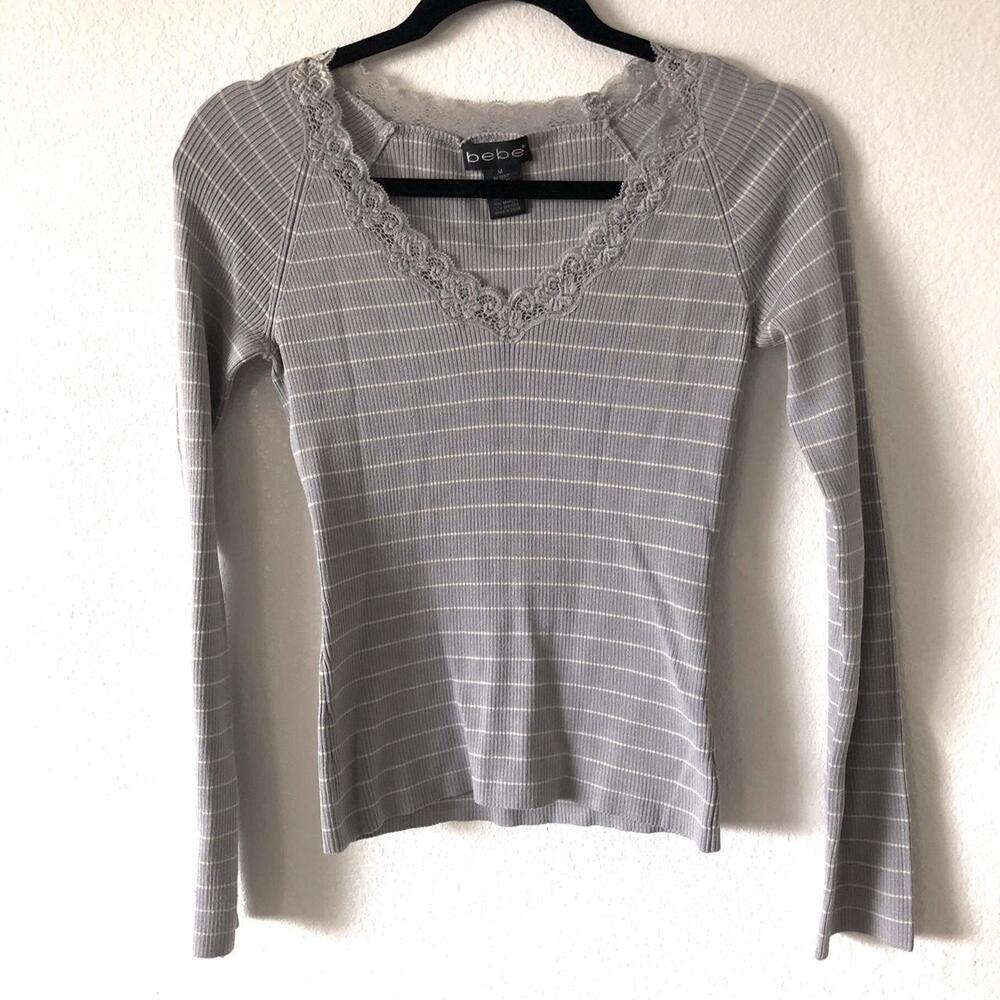 Bebe Gray Striped Lace V-Neck Long Sleeve Top Size M